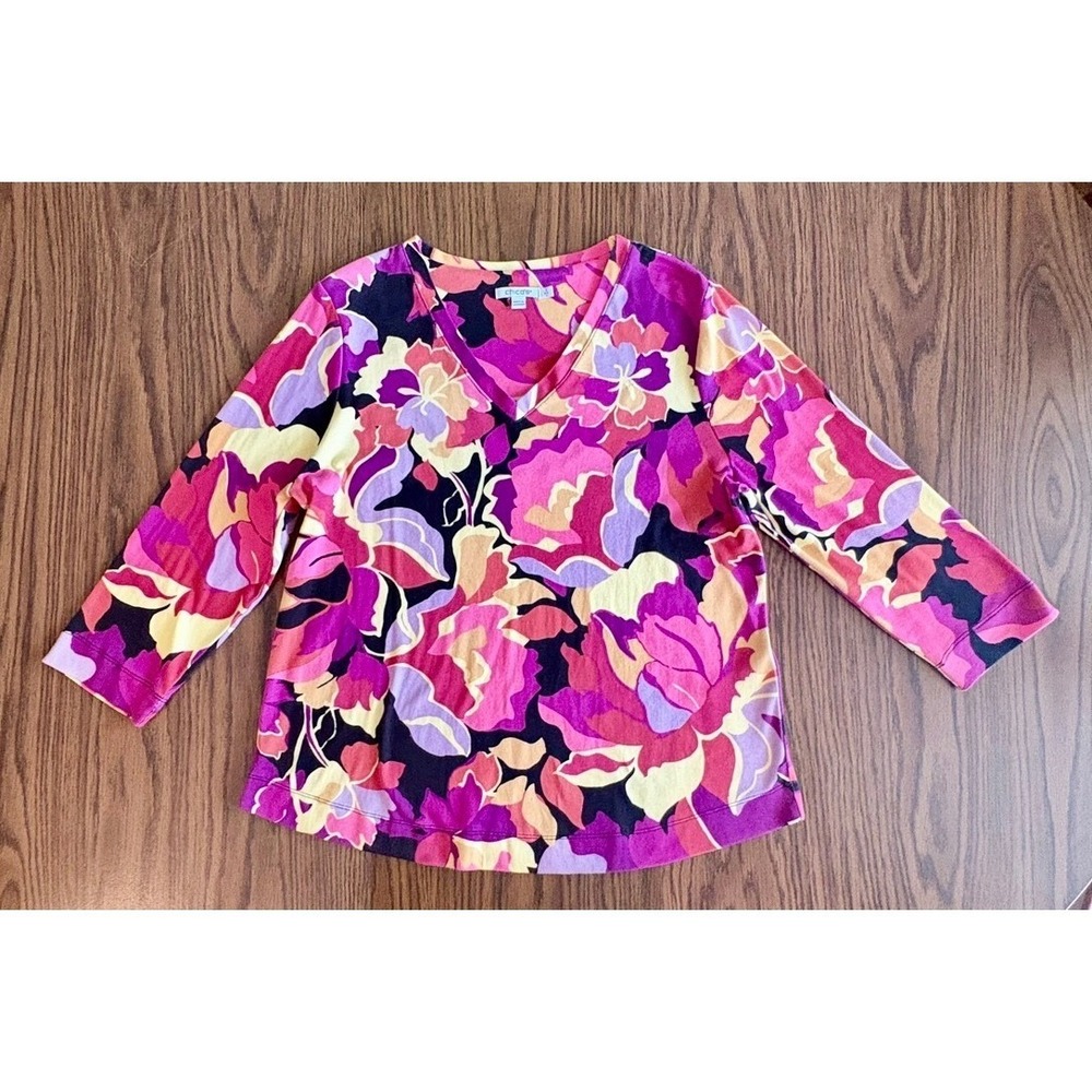 Chico's Women Top Size 2 L Pink Purple Floral V-Neck 3/4 Sleeve Cotton EUC